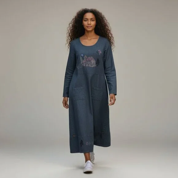 Vintage Lucky & Izzy M/L Linen Long Sleeve Dress Hand Painted Wearable Art Boho - Picture 1 of 13